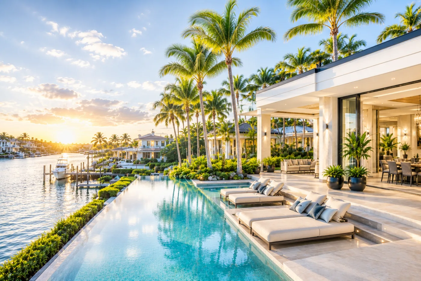 Luxury waterfront estate at sunset with an infinity pool overlooking a palm-lined South Florida canal