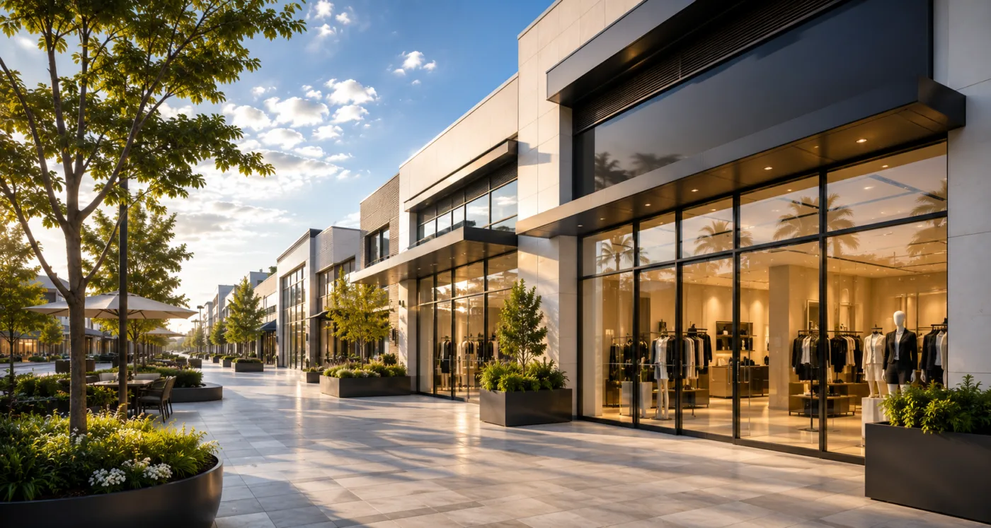 Contemporary retail storefront with full-height glass windows and a softly lit interior displaying clothing racks