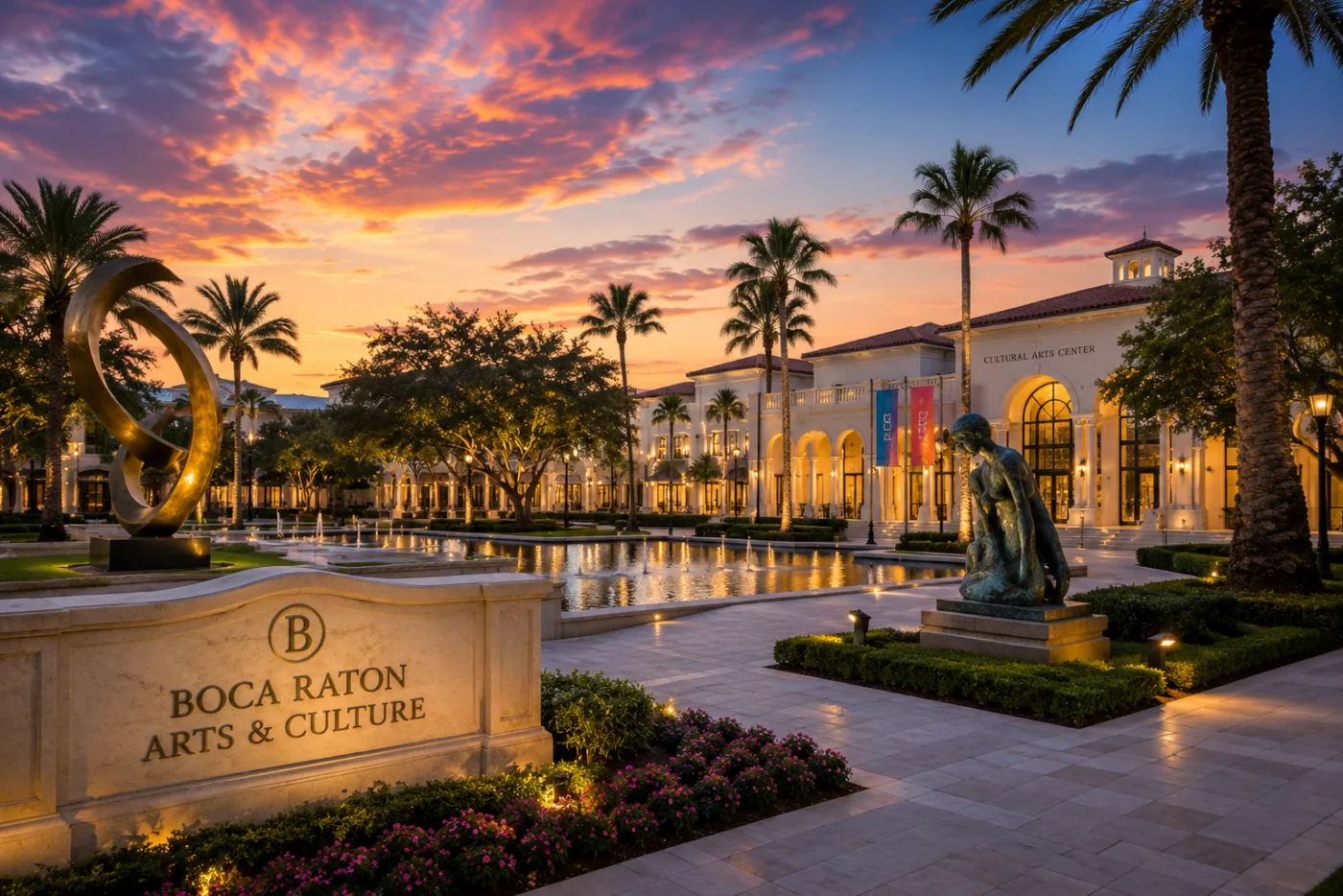 Colonnaded civic plaza at sunset with a reflecting pool and mature trees under a pink and gold sky