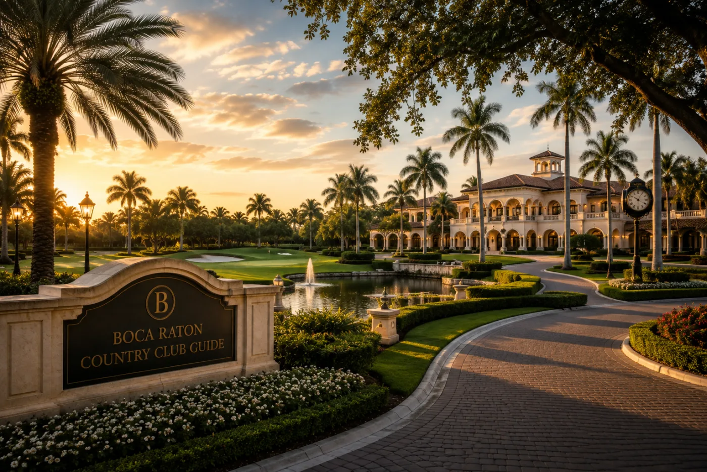 Golf course at golden hour with a fountain in a lake, palm trees and a Mediterranean-style clubhouse beyond